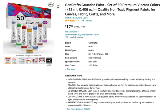 Gouache Paint Tuebs by GenCrafts - Set of 50 Premium Colors - [SKU: GT50]