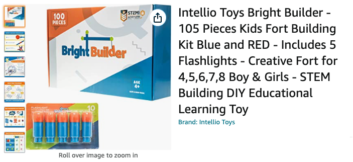 Intellio Toys Bright Builder - 105 Pieces Kids Fort Building Kit With Flashlights - Blue and Red - [SKU: FKL-BR]