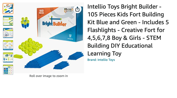 Intellio Toys Bright Builder - 105 Pieces Kids Fort Building Kit With Flashlights - Blue and Green - Includes 5 Flashlights - [SKU: FKL-BG]