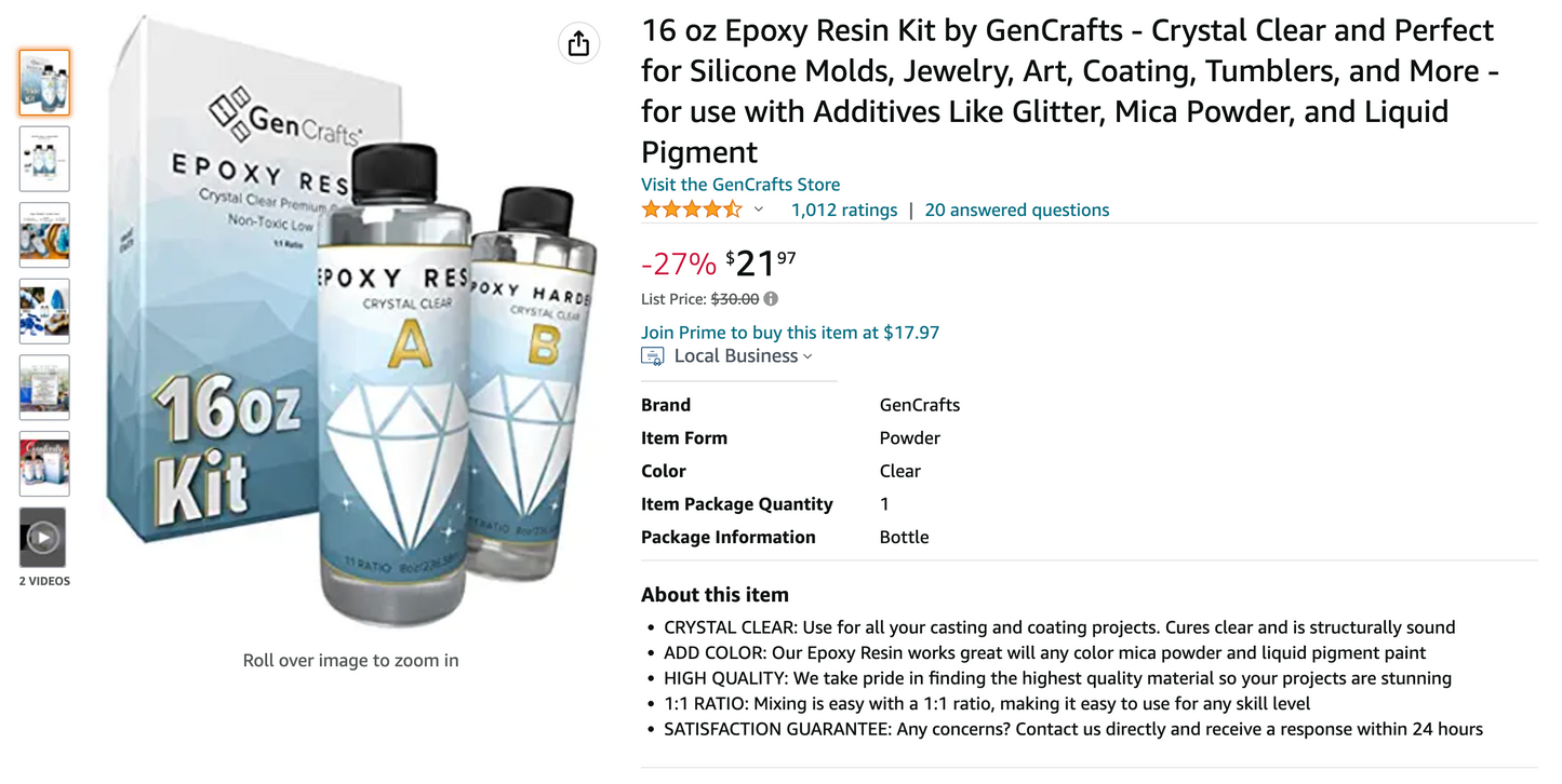 16 oz Epoxy Resin Kit by GenCrafts - Crystal Clear Best for Silicone Molds - [SKU: EP16]