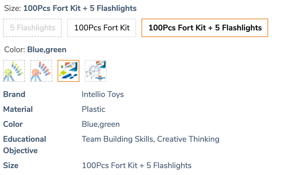 Intellio Toys Bright Builder - 105 Pieces Kids Fort Building Kit With Flashlights - Blue and Green - Includes 5 Flashlights - [SKU: FKL-BG]