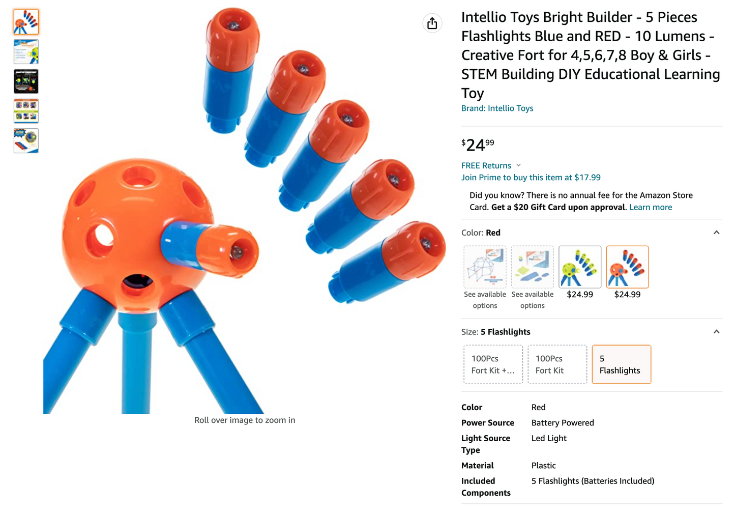 Intellio Toys Bright Builder - 5 Pieces Flashlights Blue and RED - [SKU: L-5BR]