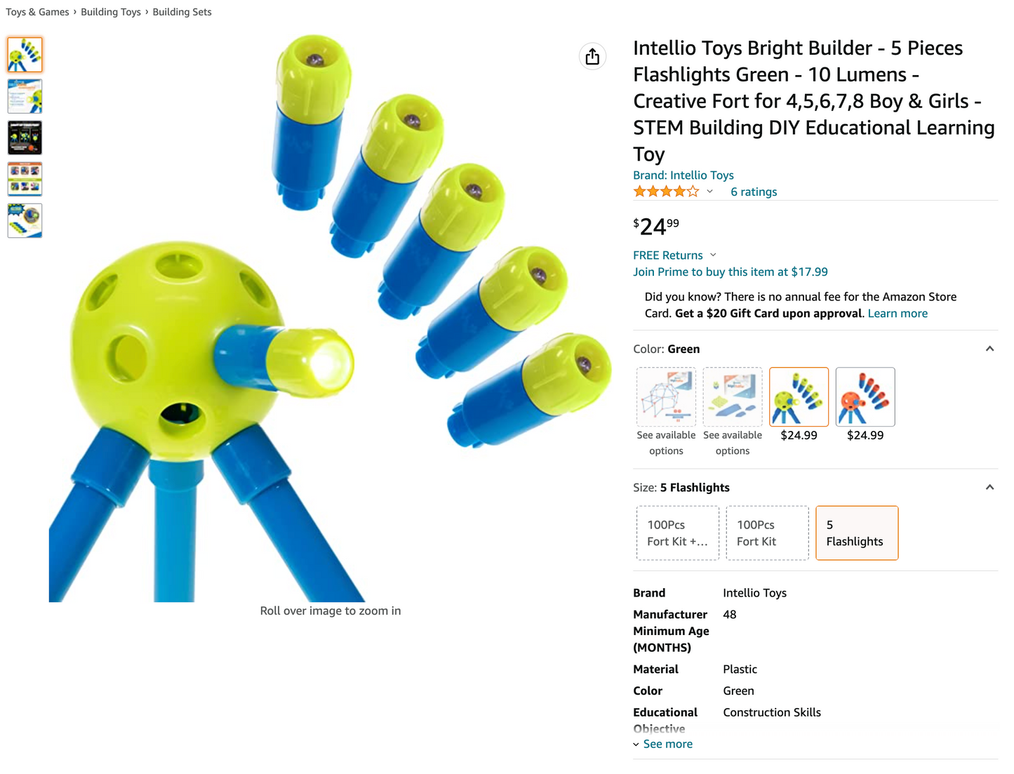 Intellio Toys Bright Builder - 5 Pieces Flashlights Blue and GREEN - [SKU: L-5BG]