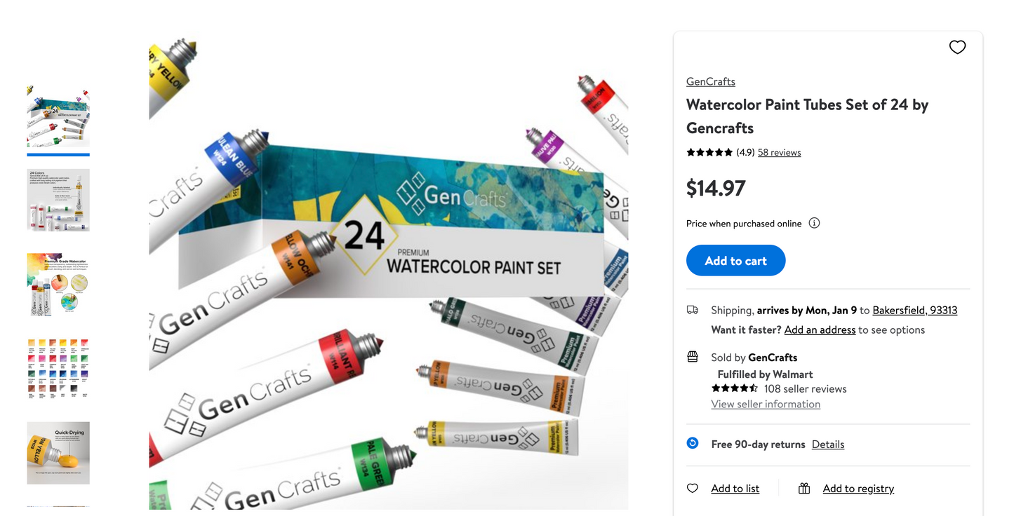 Watercolor Paint Tubes by GenCrafts  - Set of 24 Premium Colors - [SKU: WT24]